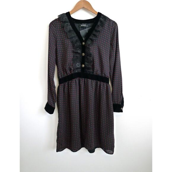 THE KOOPLES Lace Velvet Trim Polka Dot V-Neck Shirt Dress Nordstrom NWT M $325 - Picture 3 of 13